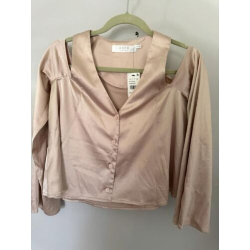 ASTR The Label Women's Small Champagne Satin Button Front cold shoulder Blouse